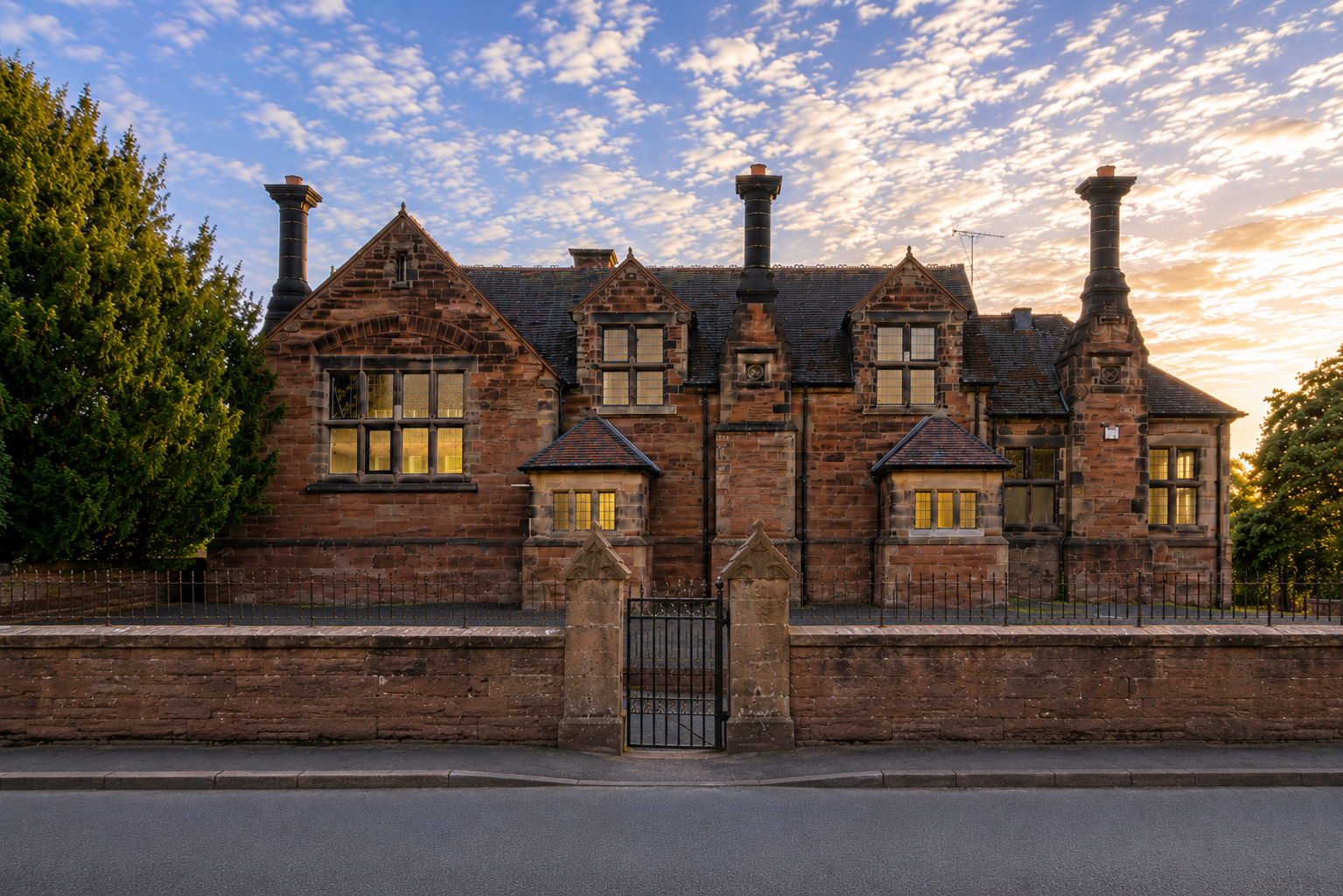 The Jennifer Young Clinic, a historic stone building at dusk